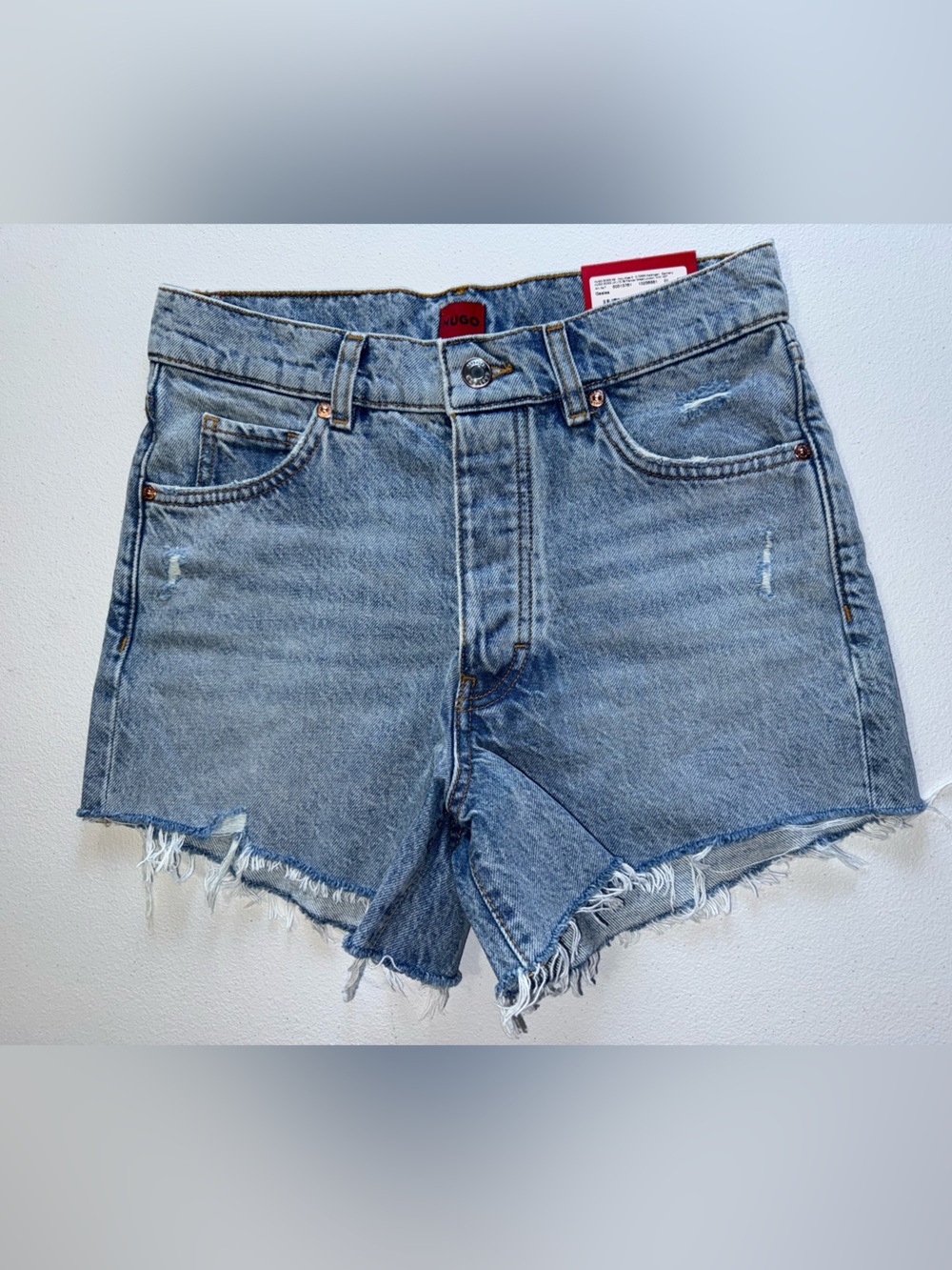 Hugo Boss High Rise Cut Off Denim Shorts Light Wash Raw Hem  25 NWT button fly - Picture 4 of 14